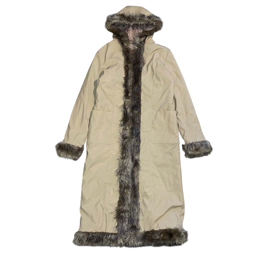 Jennyfer J Tan Long Hooded Parka Faux Fur Trim Quilted Lining Beige Coat Medium